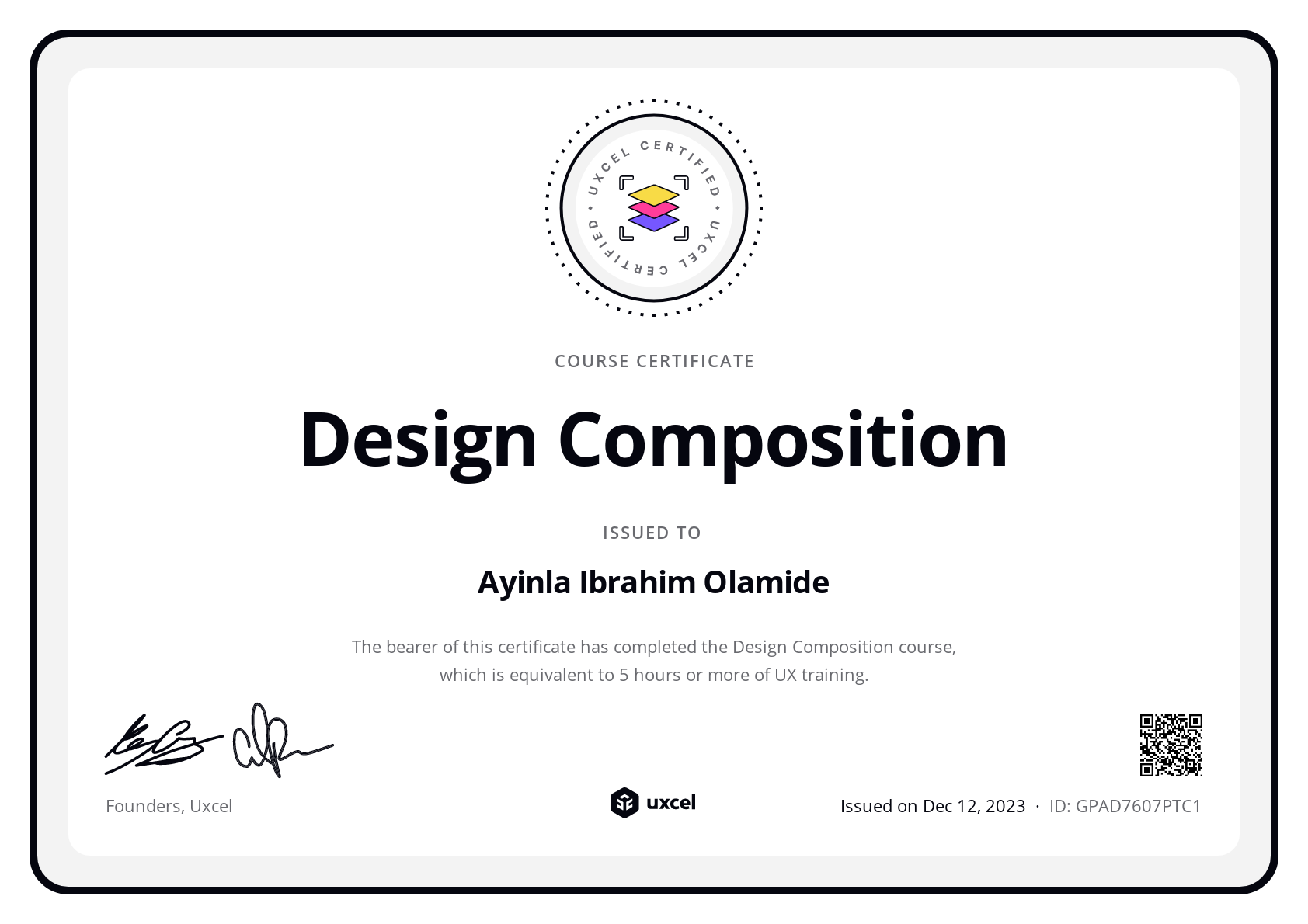 Ayinla Ibrahim Olamide's certificate